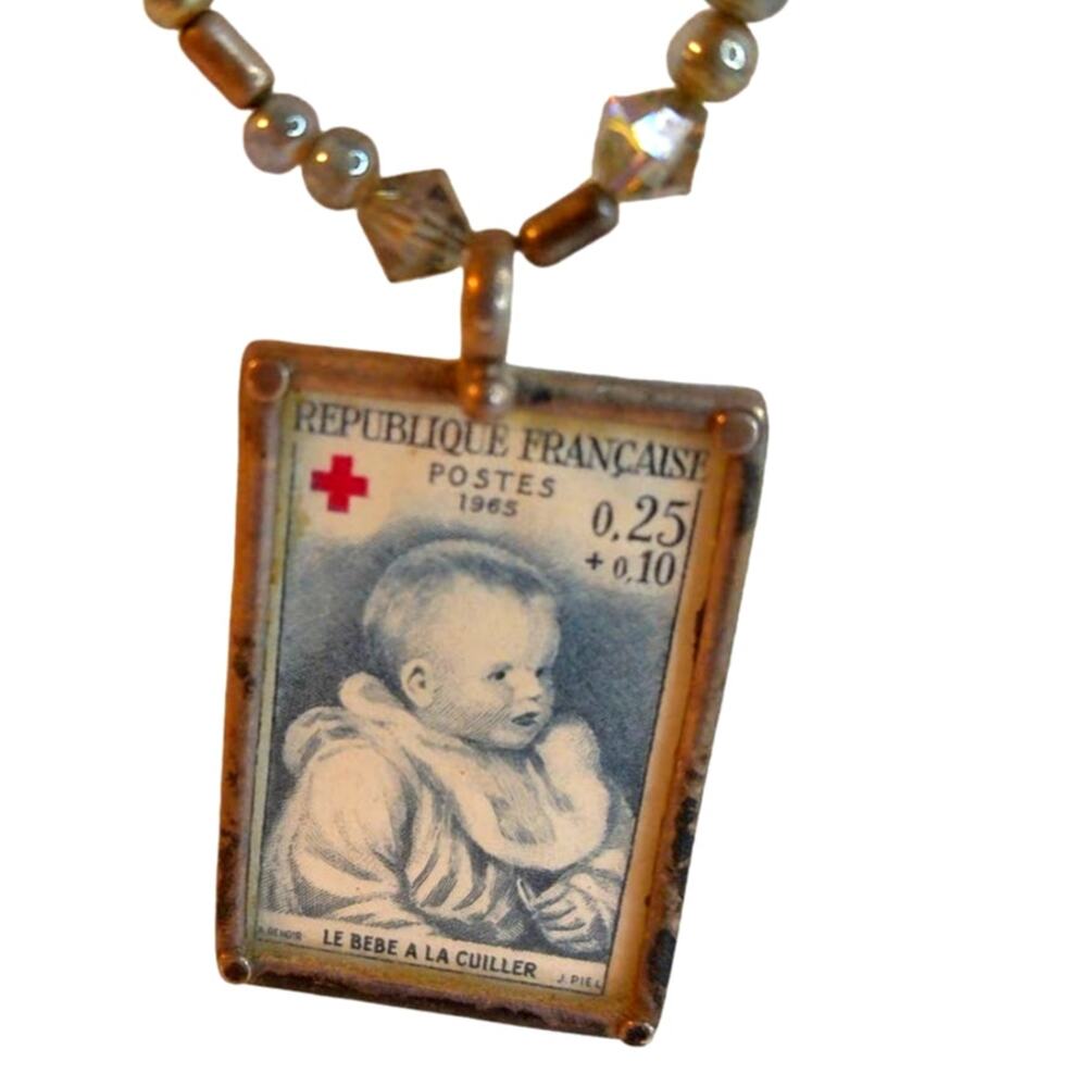 Vintage Sterling Silver 1965 French Stamp Choker Renoir Baby with Spoon